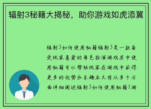 辐射3秘籍大揭秘，助你游戏如虎添翼