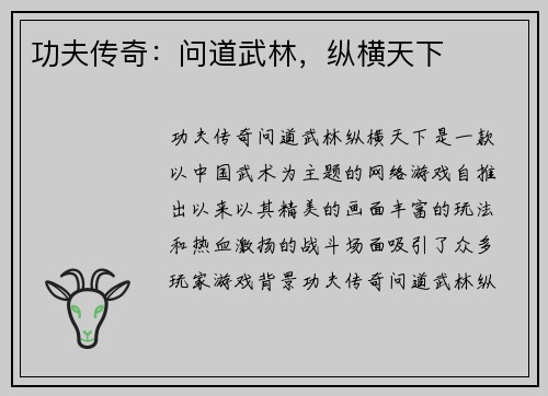 功夫传奇：问道武林，纵横天下