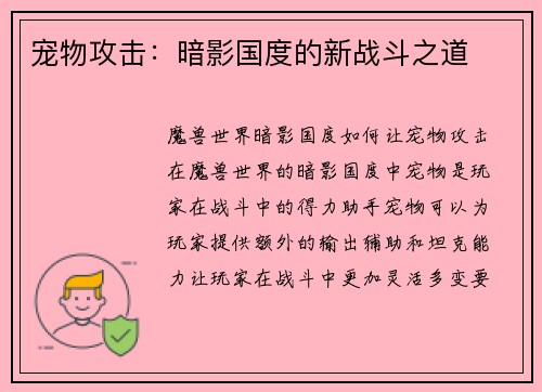 宠物攻击：暗影国度的新战斗之道
